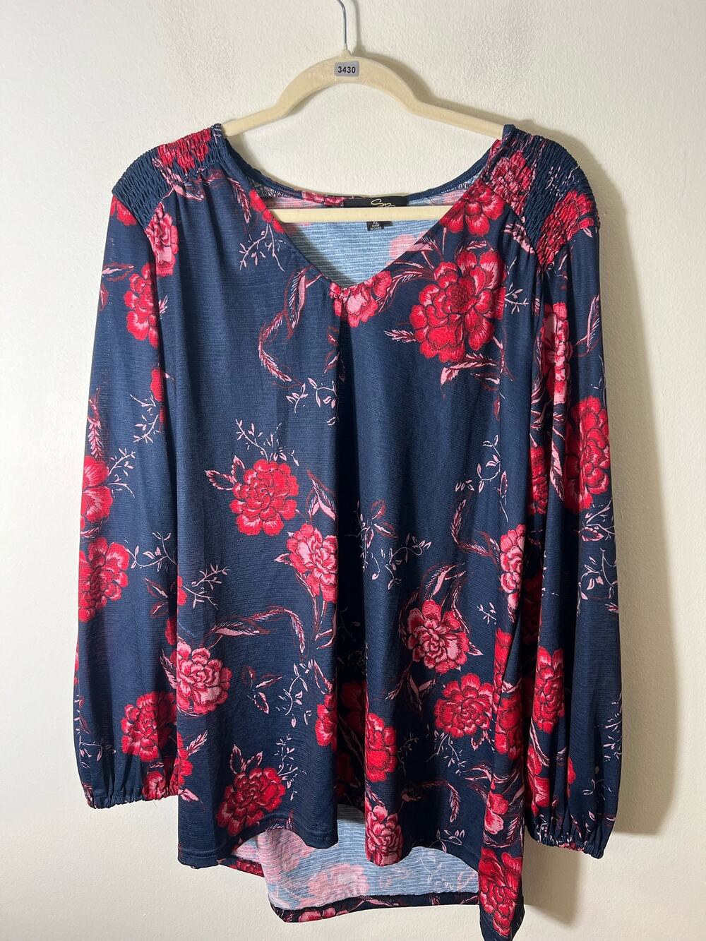 Suzanne Betro Navy Long Sleeve V Neck Shirt Sz XL